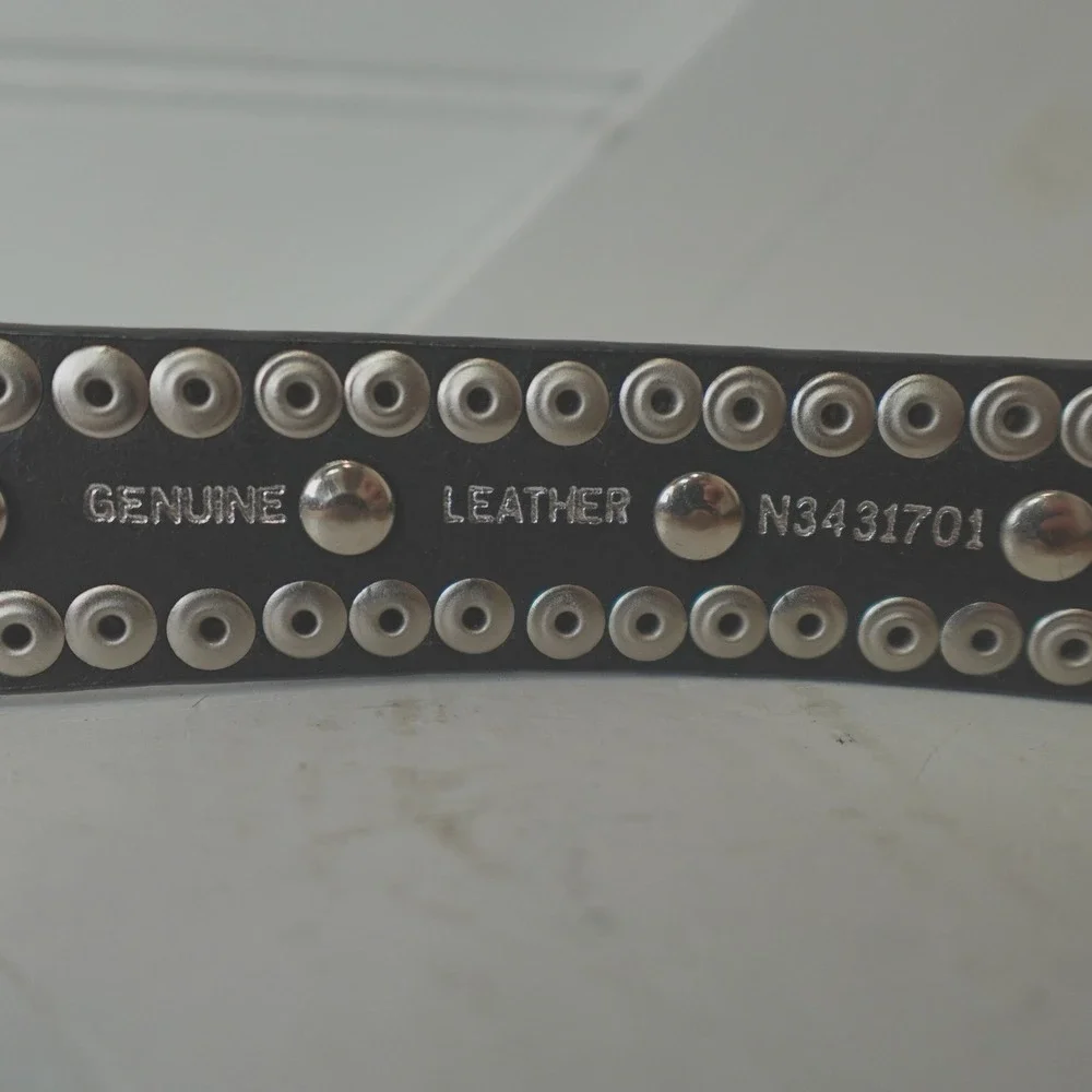 Women's Black Leather Studded Nocona Belt Medium‎ Rhinestones Silver Tone Buckle